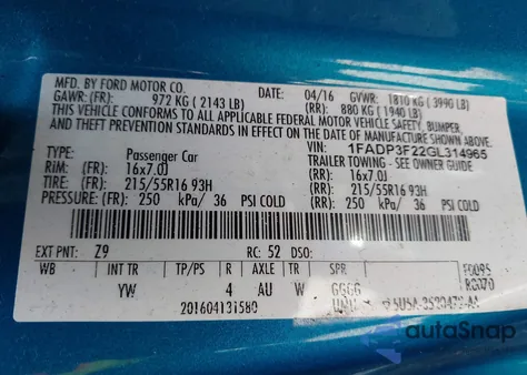 2016 Ford Focus Se from USA, damaged, VIN 1FADP3F22GL314965